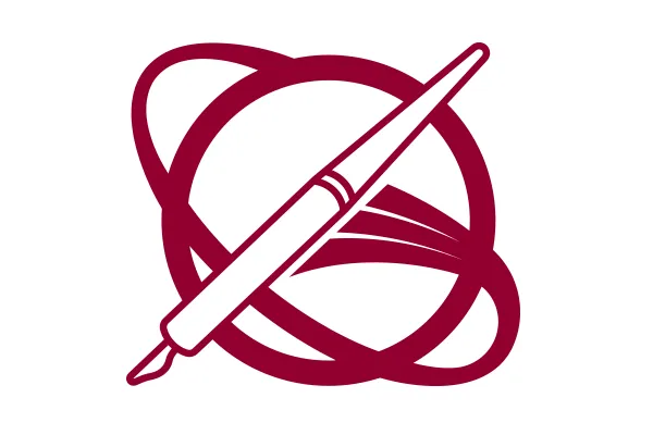 世新大學校徽特寫，設計以一支筆被三個圓環環繞