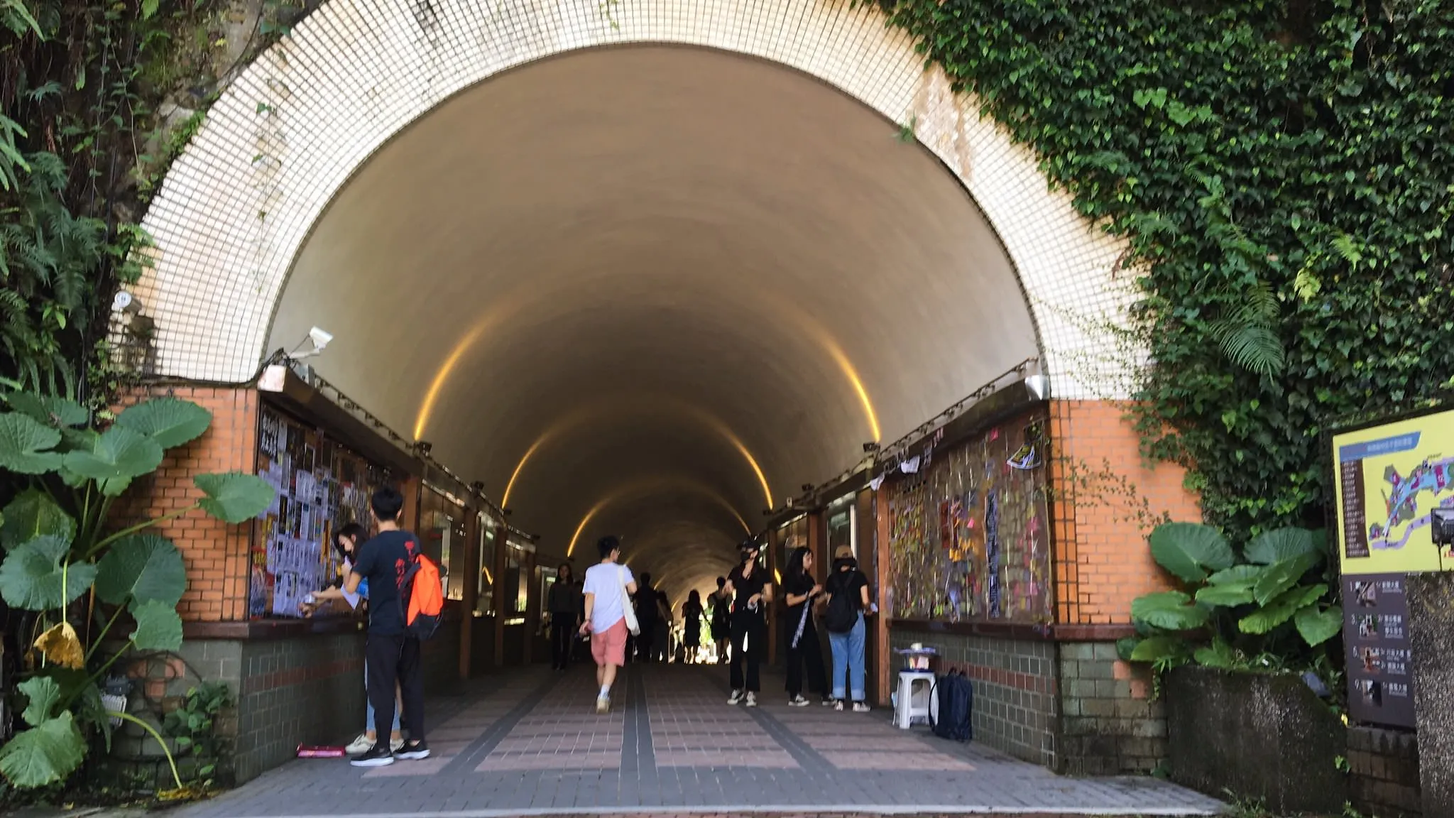 世新大學獨特的山洞口校門，車輛正從隧道中駛出